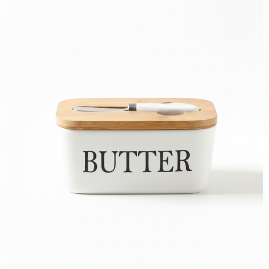 LOCOM Premium Ceramic and Bamboo Butter Dish with Integrated Steel Knife Set