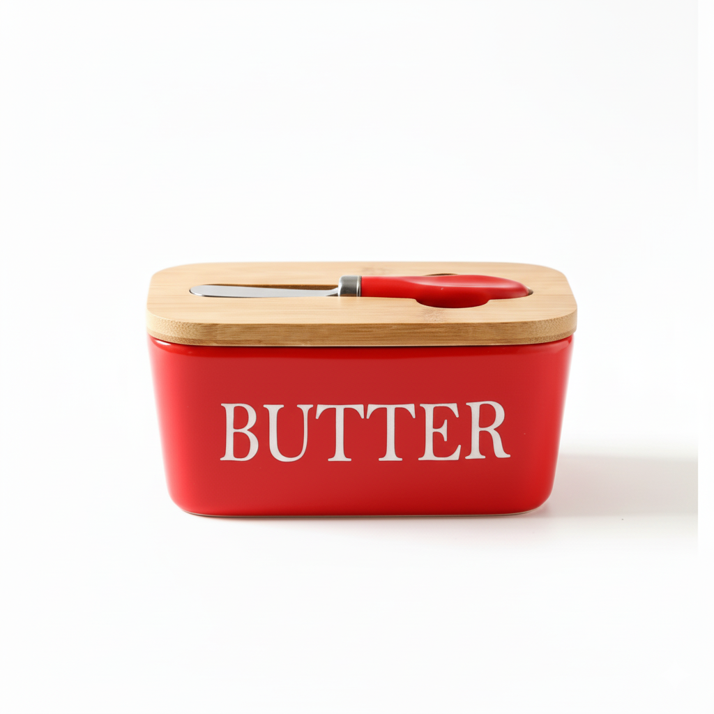 LOCOM Premium Ceramic and Bamboo Butter Dish with Integrated Steel Knife Set