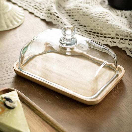 LOCOM Compact Glass Dome Serving Dish with Premium Solid Wooden Base Food Display Platter (17cm × 11cm × 9cm)
