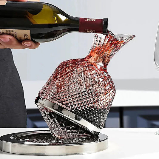 LOCOM Premium Lead-Free Crystal 360-Degree Rotating Wine Decanter with Gold-Tone Axis Base (1500ml / 50.7 oz)