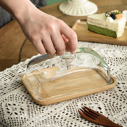 LOCOM Compact Glass Dome Serving Dish with Premium Solid Wooden Base Food Display Platter (17cm × 11cm × 9cm)