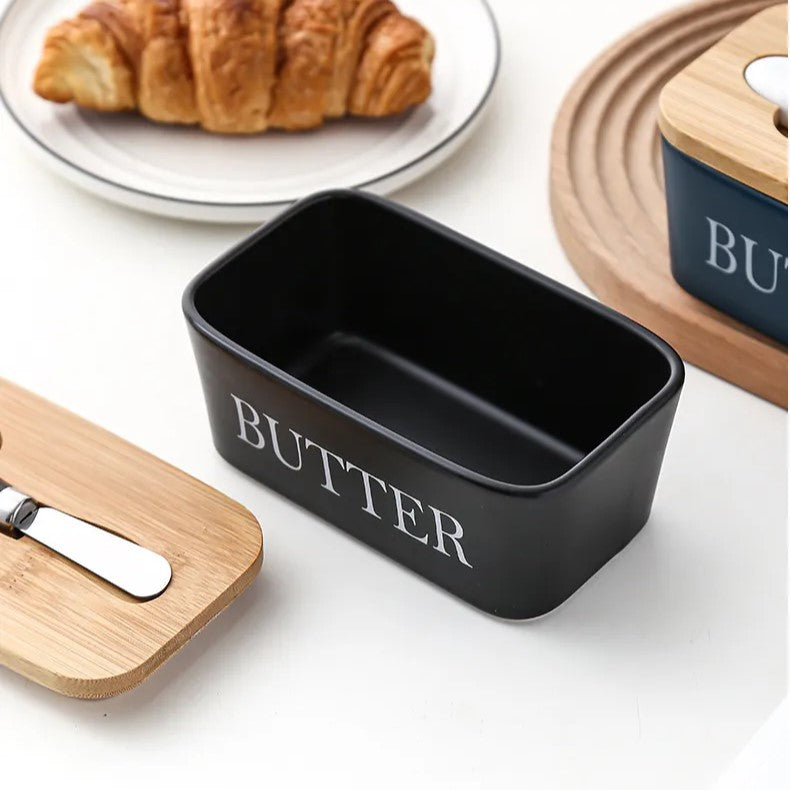 LOCOM Premium Ceramic and Bamboo Butter Dish with Integrated Steel Knife Set