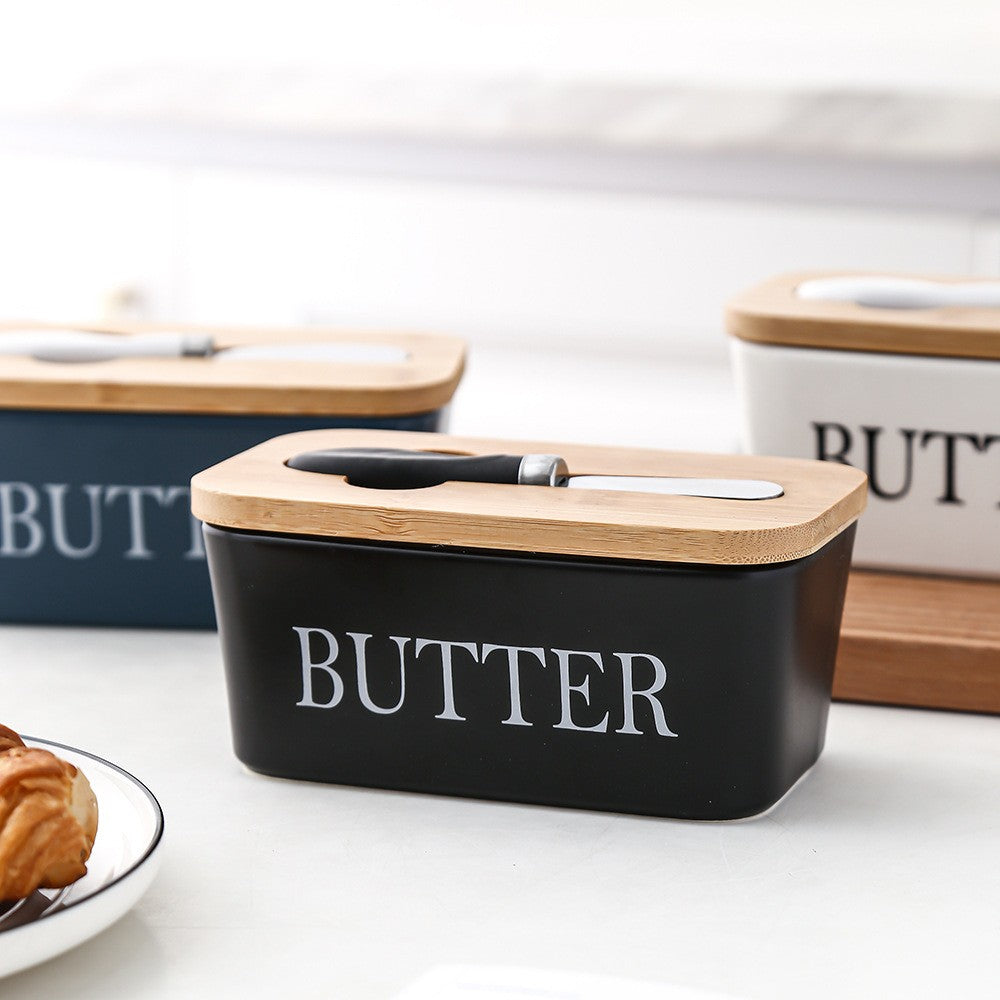 LOCOM Premium Ceramic and Bamboo Butter Dish with Integrated Steel Knife Set