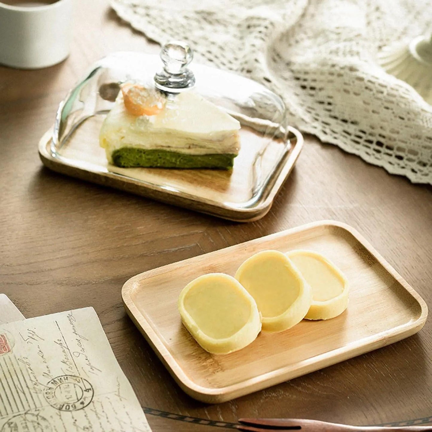 LOCOM Compact Glass Dome Serving Dish with Premium Solid Wooden Base Food Display Platter (17cm × 11cm × 9cm)