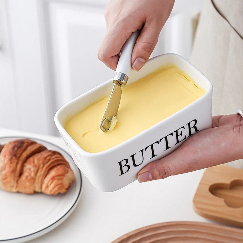 LOCOM Premium Ceramic and Bamboo Butter Dish with Integrated Steel Knife Set