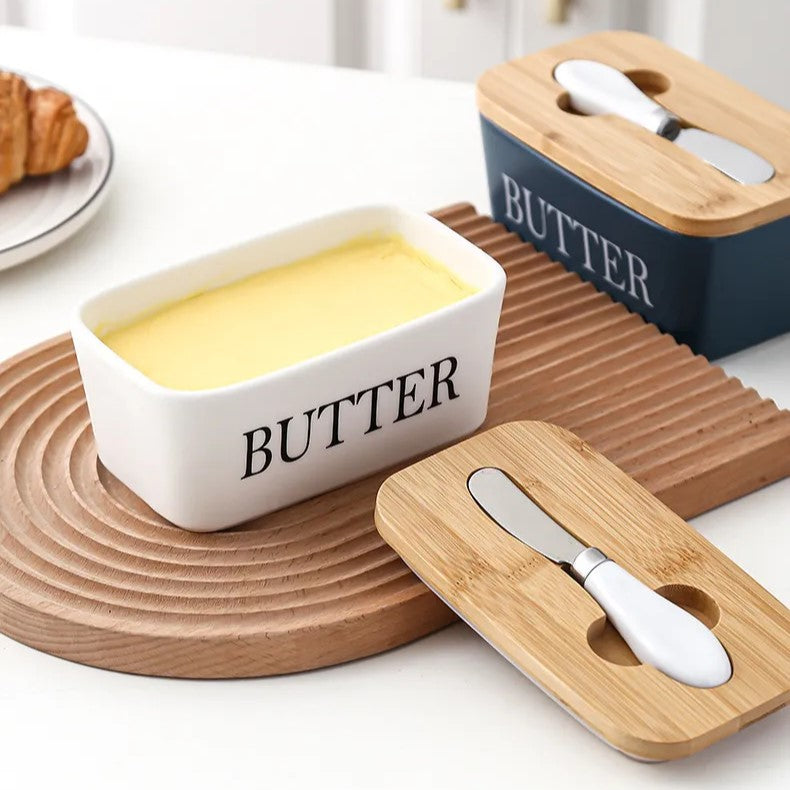 LOCOM Premium Ceramic and Bamboo Butter Dish with Integrated Steel Knife Set
