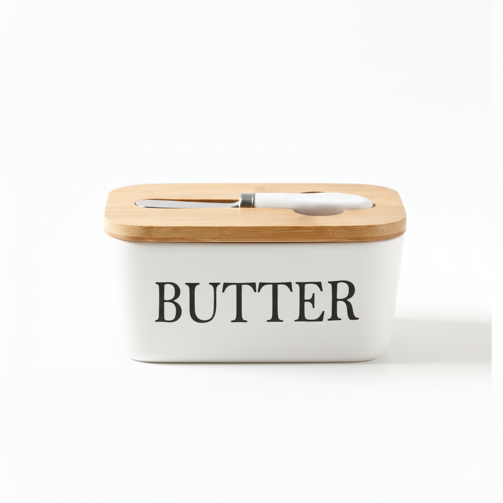LOCOM Premium Ceramic and Bamboo Butter Dish with Integrated Steel Knife Set