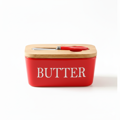 LOCOM Premium Ceramic and Bamboo Butter Dish with Integrated Steel Knife Set