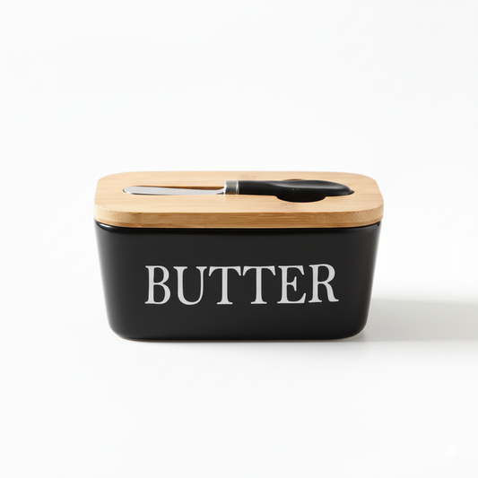 LOCOM Premium Ceramic and Bamboo Butter Dish with Integrated Steel Knife Set