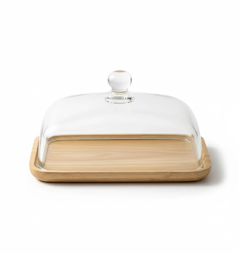 LOCOM Compact Glass Dome Serving Dish with Premium Solid Wooden Base Food Display Platter (17cm × 11cm × 9cm)