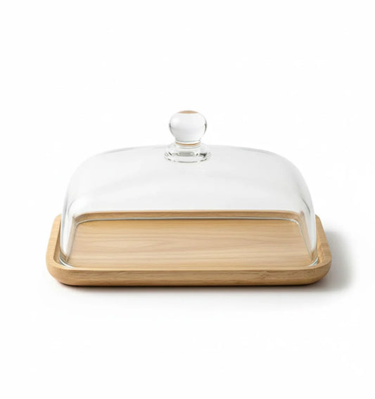 LOCOM Compact Glass Dome Serving Dish with Premium Solid Wooden Base Food Display Platter (17cm × 11cm × 9cm)