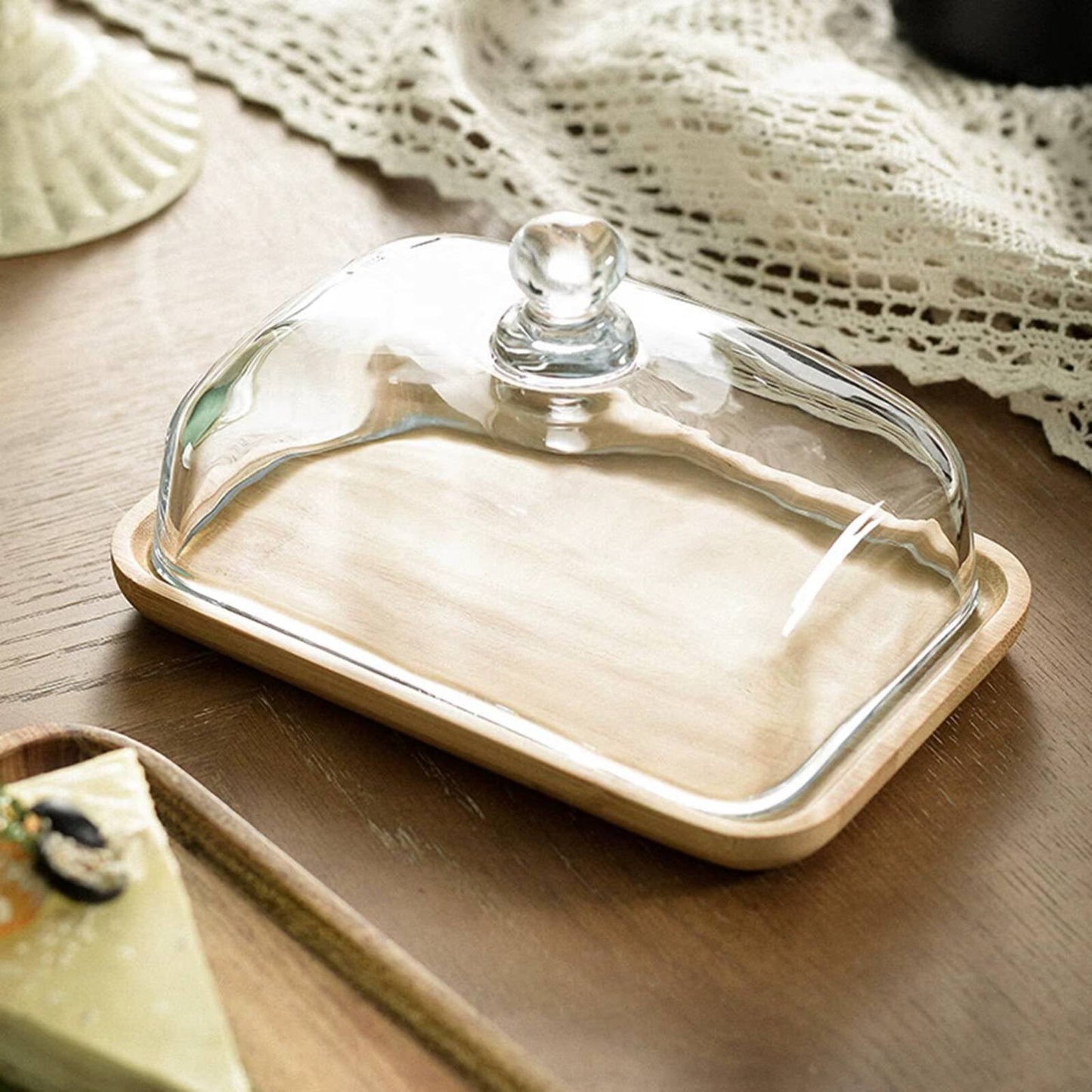 LOCOM Compact Glass Dome Serving Dish with Premium Solid Wooden Base Food Display Platter (17cm × 11cm × 9cm)