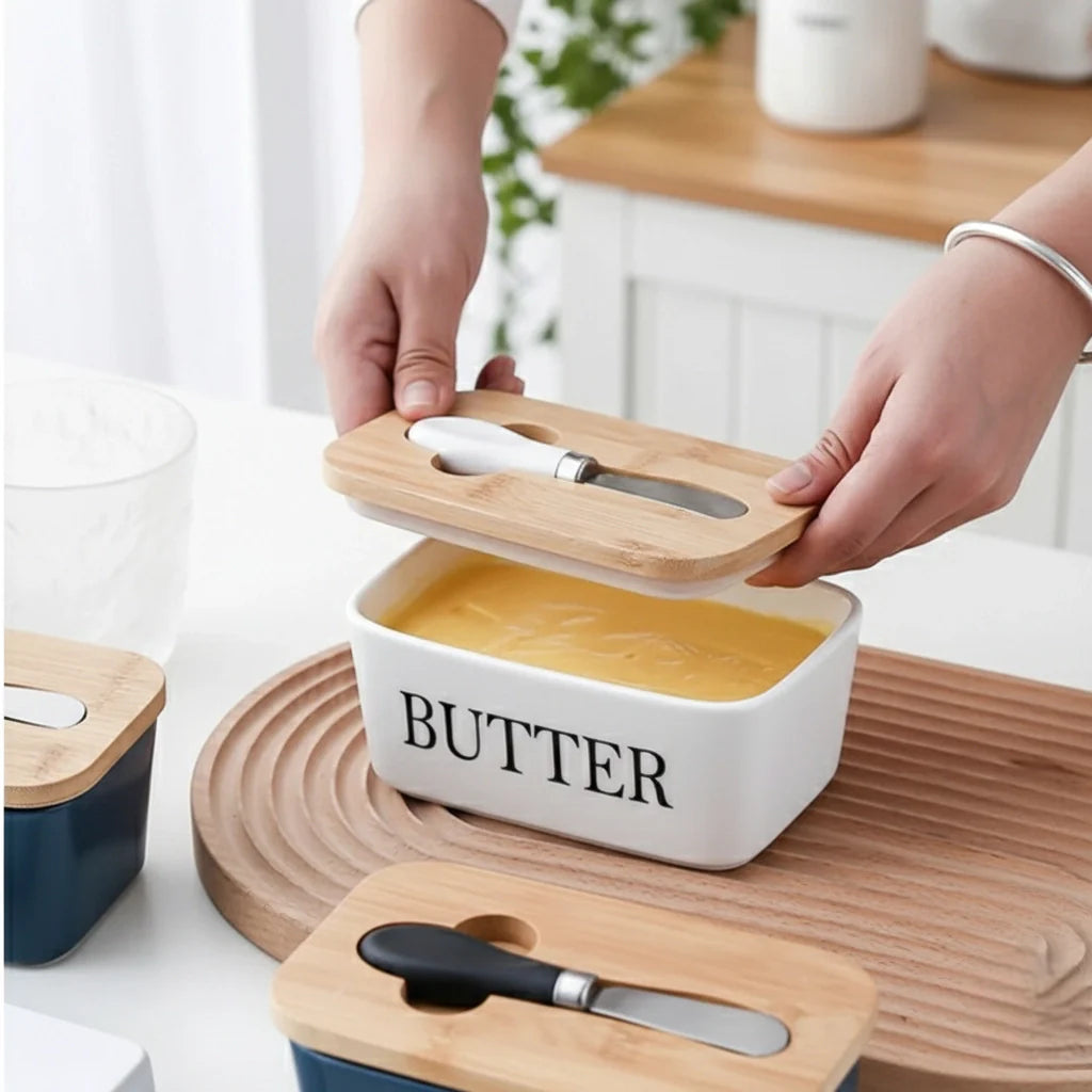 LOCOM Premium Ceramic and Bamboo Butter Dish with Integrated Steel Knife Set