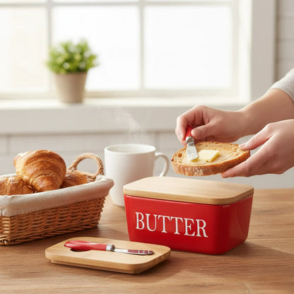 LOCOM Premium Ceramic and Bamboo Butter Dish with Integrated Steel Knife Set