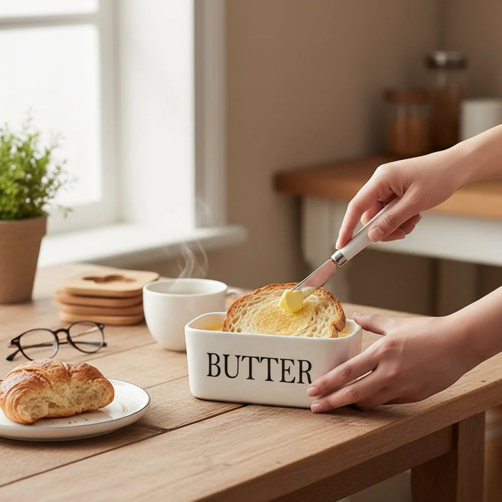 LOCOM Premium Ceramic and Bamboo Butter Dish with Integrated Steel Knife Set