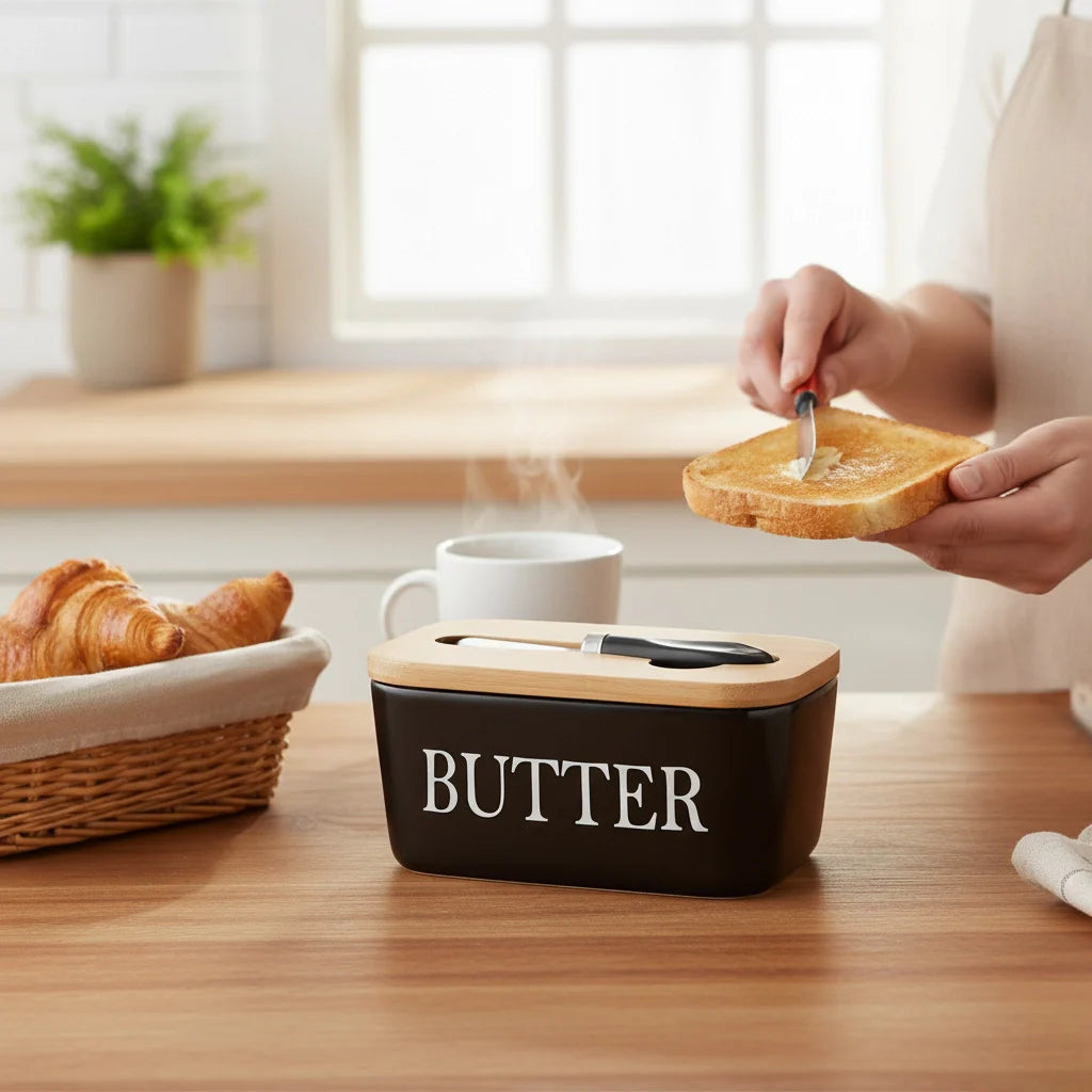 LOCOM Premium Ceramic and Bamboo Butter Dish with Integrated Steel Knife Set
